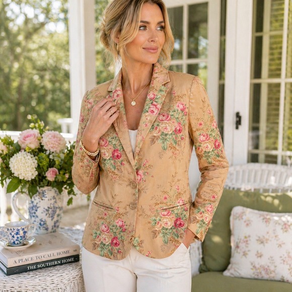 Lauren Ralph Lauren Jackets & Blazers - Lauren Ralph Lauren Floral Blazer Jacket Womens 12 Tan Pink Stretch Cottagecore